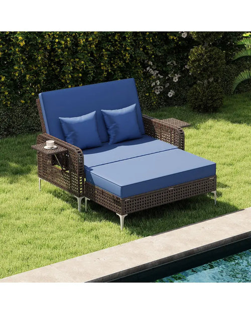 2 Piece Patio Rattan Daybed Wicker Loveseat and Ottoman with Adjustable Backrest-Navy - Navy - Outdoor Sectionals