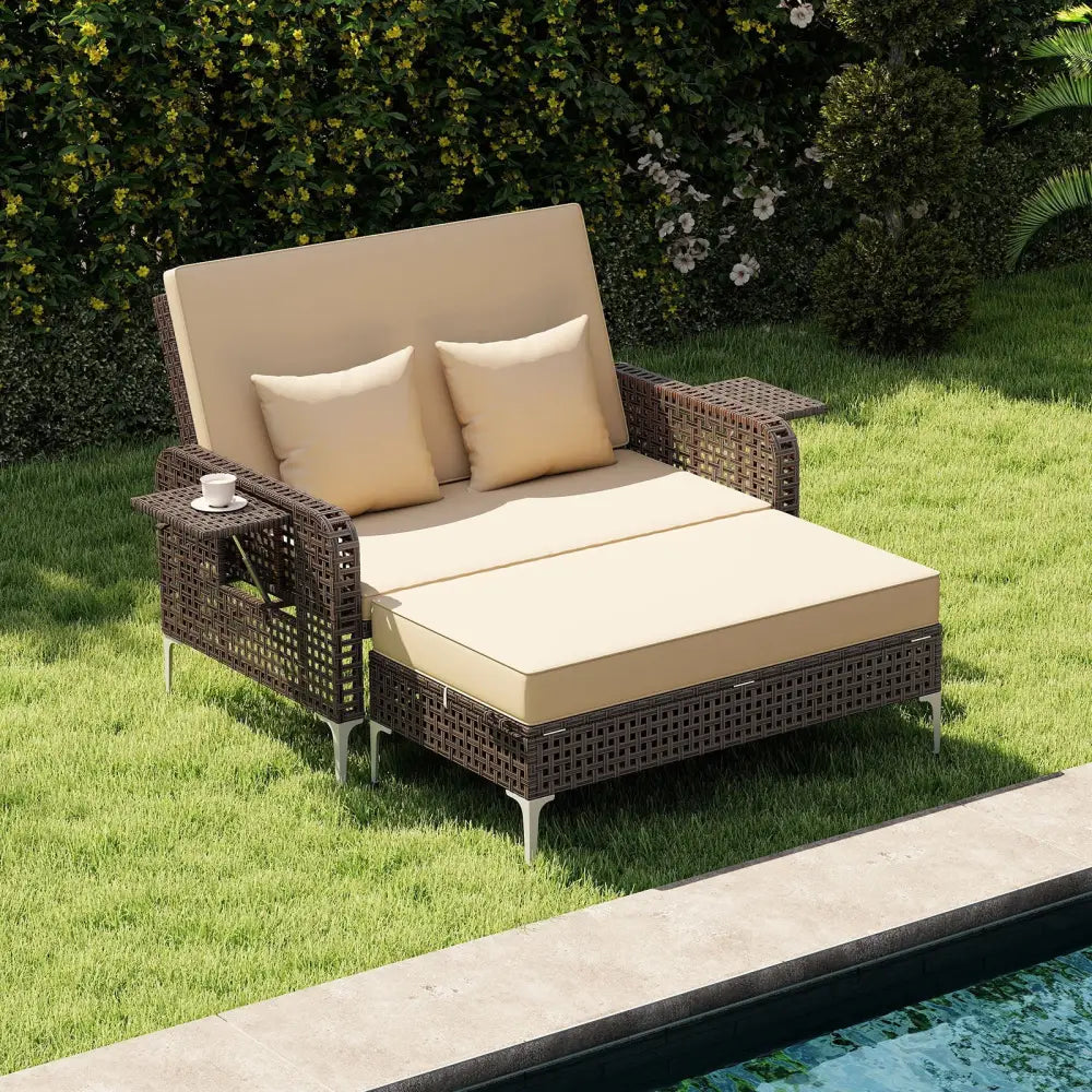 2 Piece Patio Rattan Daybed Wicker Loveseat and Ottoman with Adjustable Backrest-Brown - Brown - Outdoor Sectionals