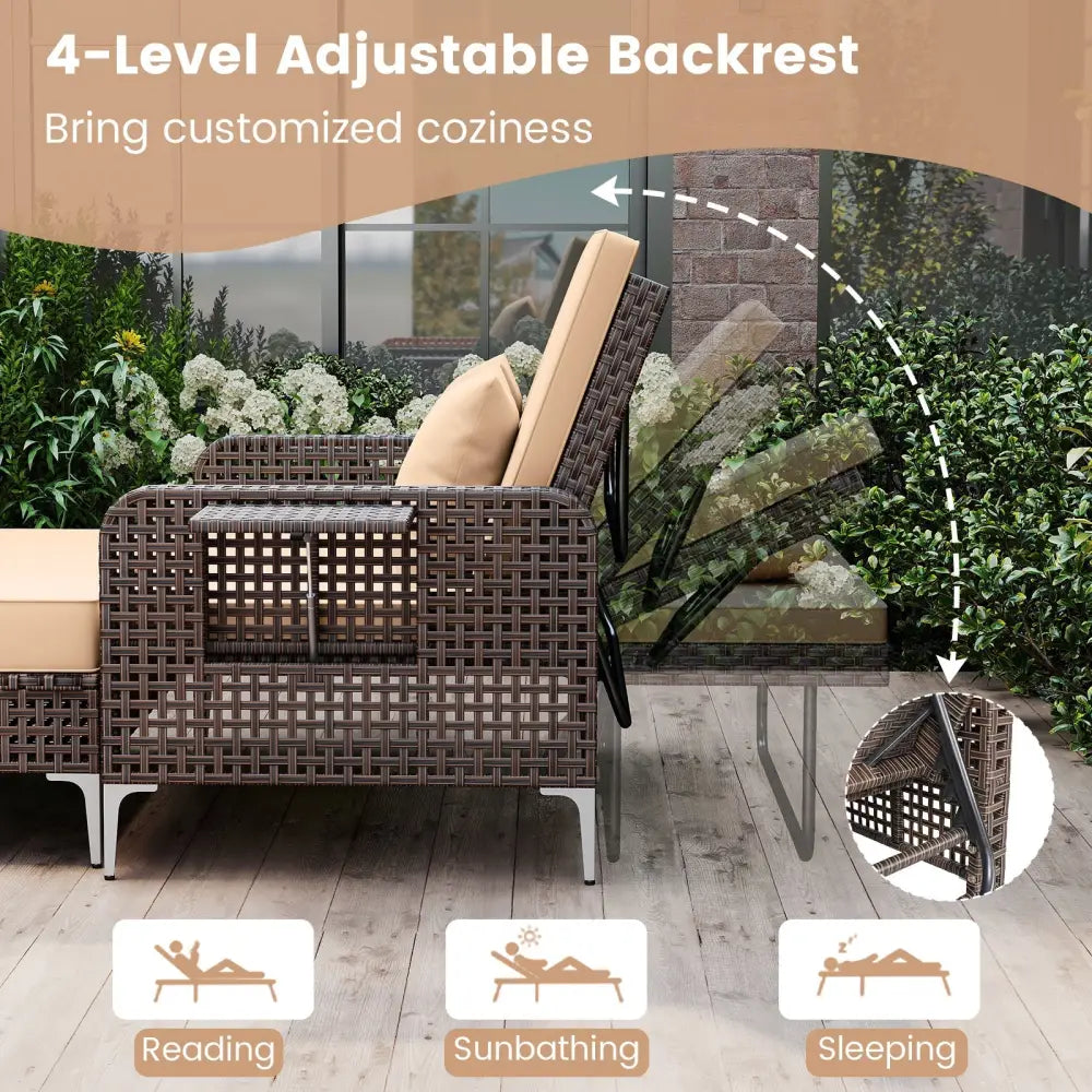 2 Piece Patio Rattan Daybed Wicker Loveseat and Ottoman with Adjustable Backrest-Brown - Brown - Outdoor Sectionals
