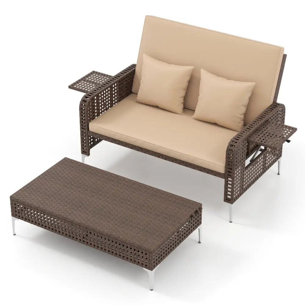 2 Piece Patio Rattan Daybed Wicker Loveseat and Ottoman with Adjustable Backrest-Brown - Brown - Outdoor Sectionals