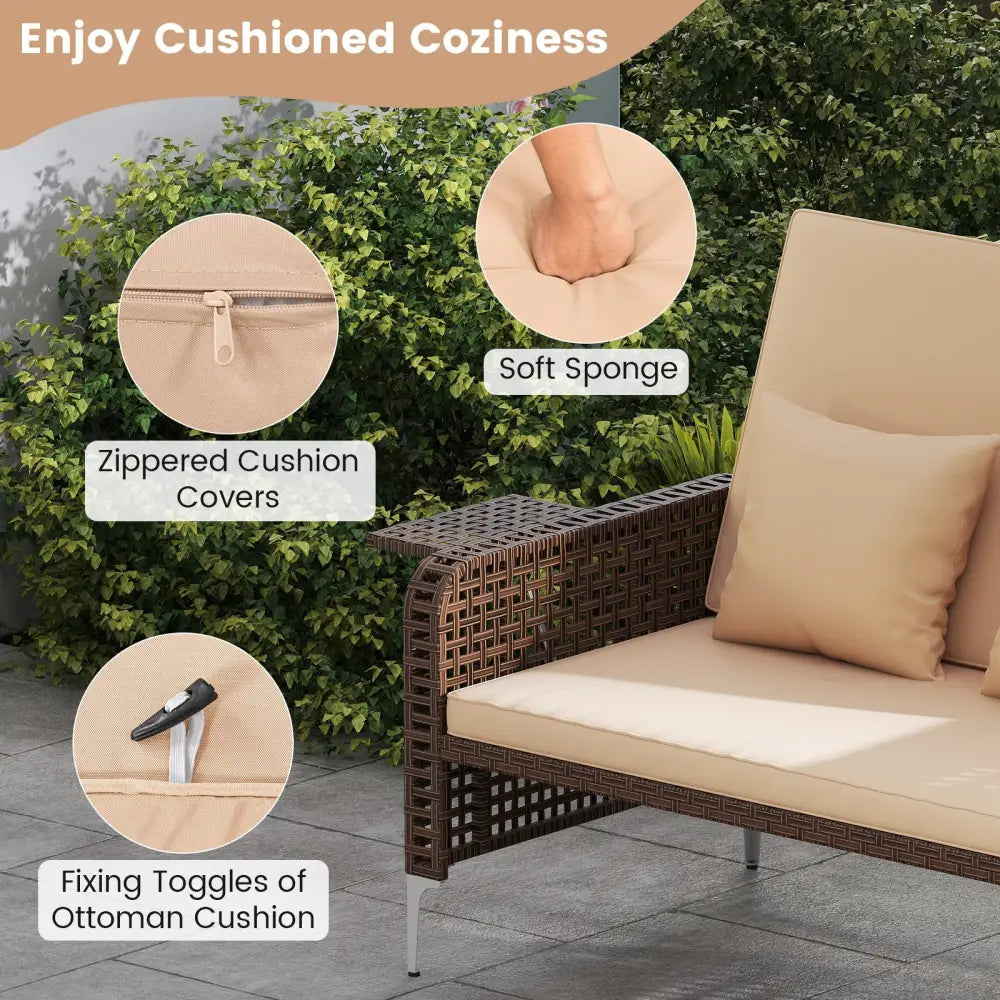 2 Piece Patio Rattan Daybed Wicker Loveseat and Ottoman with Adjustable Backrest-Brown - Brown - Outdoor Sectionals