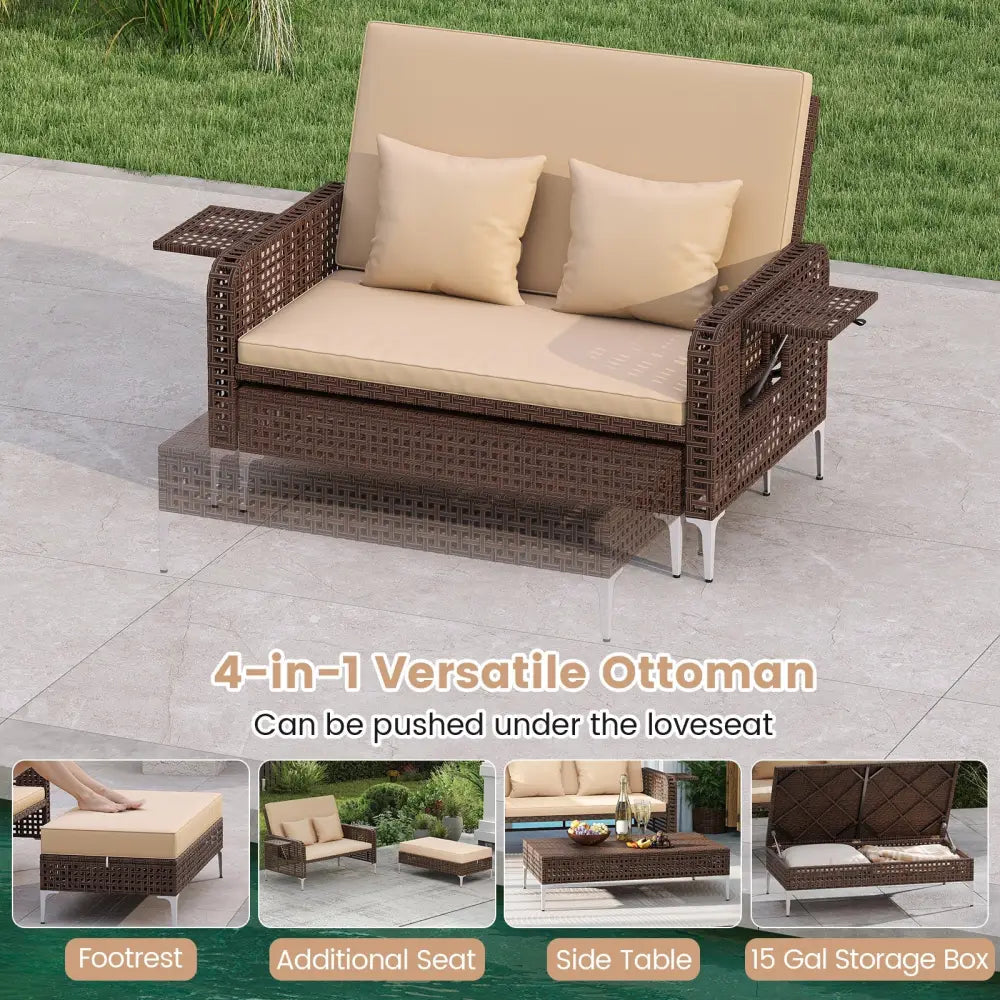 2 Piece Patio Rattan Daybed Wicker Loveseat and Ottoman with Adjustable Backrest-Brown - Brown - Outdoor Sectionals