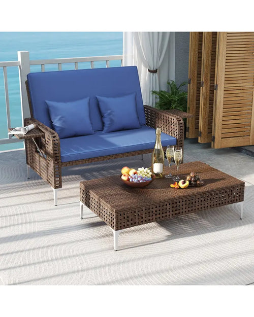 2 Piece Patio Rattan Daybed Wicker Loveseat and Ottoman with Adjustable Backrest-Navy - Navy - Outdoor Sectionals