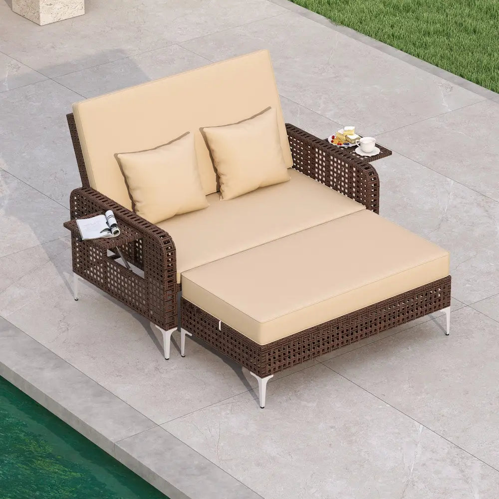 2 Piece Patio Rattan Daybed Wicker Loveseat and Ottoman with Adjustable Backrest-Brown - Brown - Outdoor Sectionals