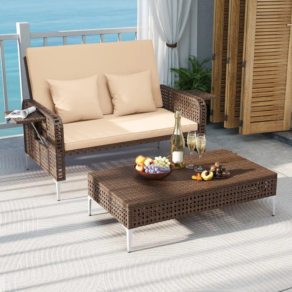 2 Piece Patio Rattan Daybed Wicker Loveseat and Ottoman with Adjustable Backrest-Brown - Brown - Outdoor Sectionals