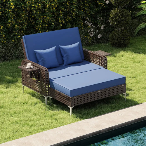 2 Piece Patio Rattan Daybed Wicker Loveseat and Ottoman with Adjustable Backrest-Navy - Navy - Outdoor Sectionals