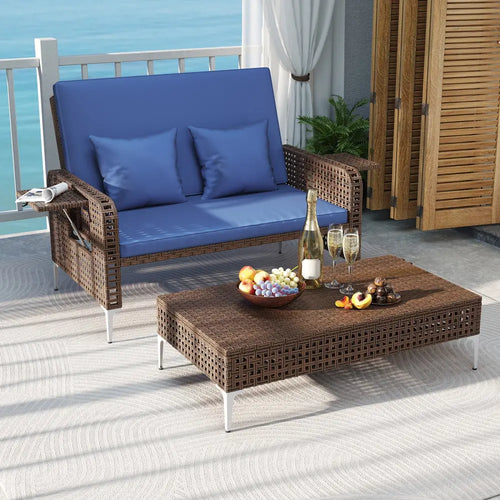 2 Piece Patio Rattan Daybed Wicker Loveseat and Ottoman with Adjustable Backrest-Navy - Navy - Outdoor Sectionals