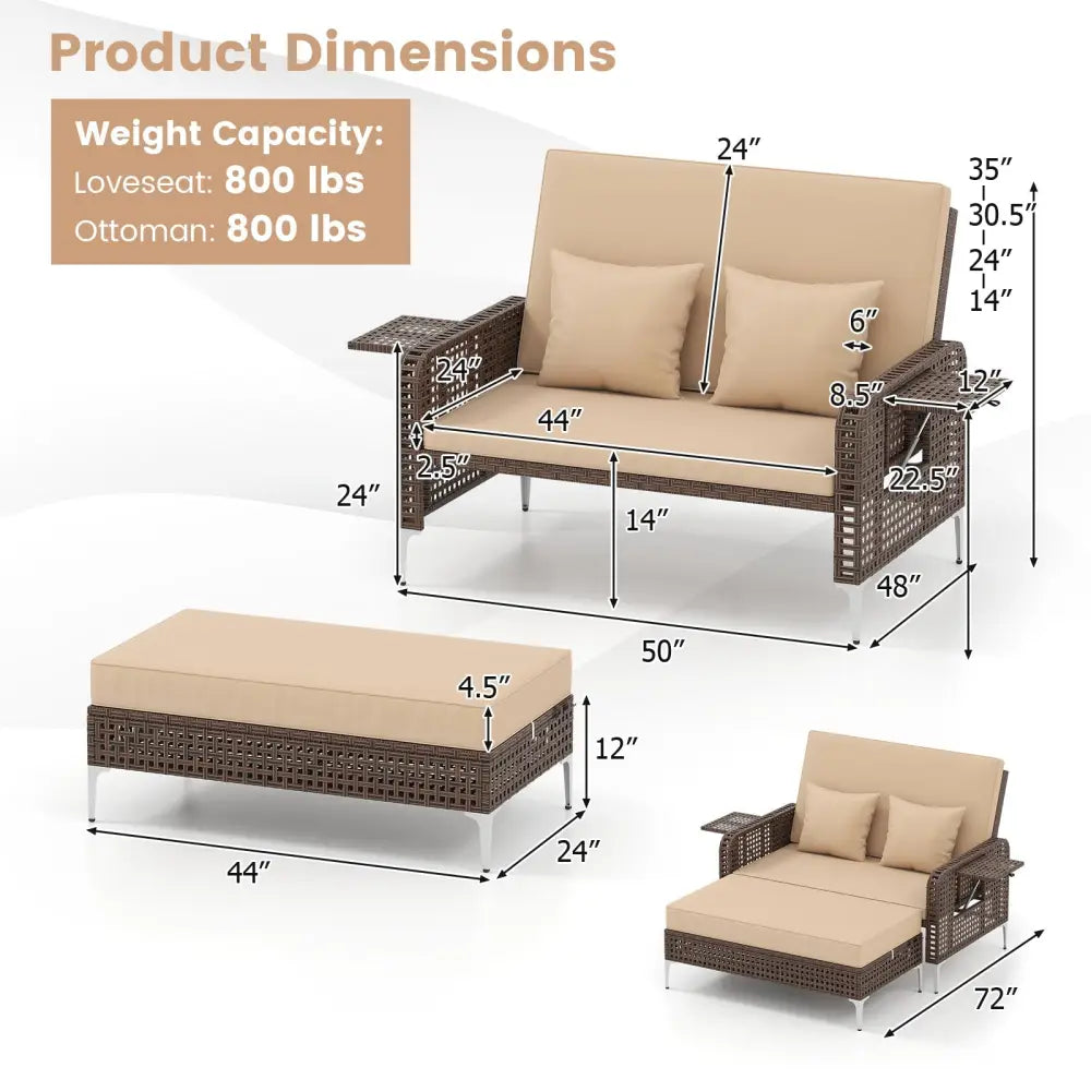 2 Piece Patio Rattan Daybed Wicker Loveseat and Ottoman with Adjustable Backrest-Brown - Brown - Outdoor Sectionals