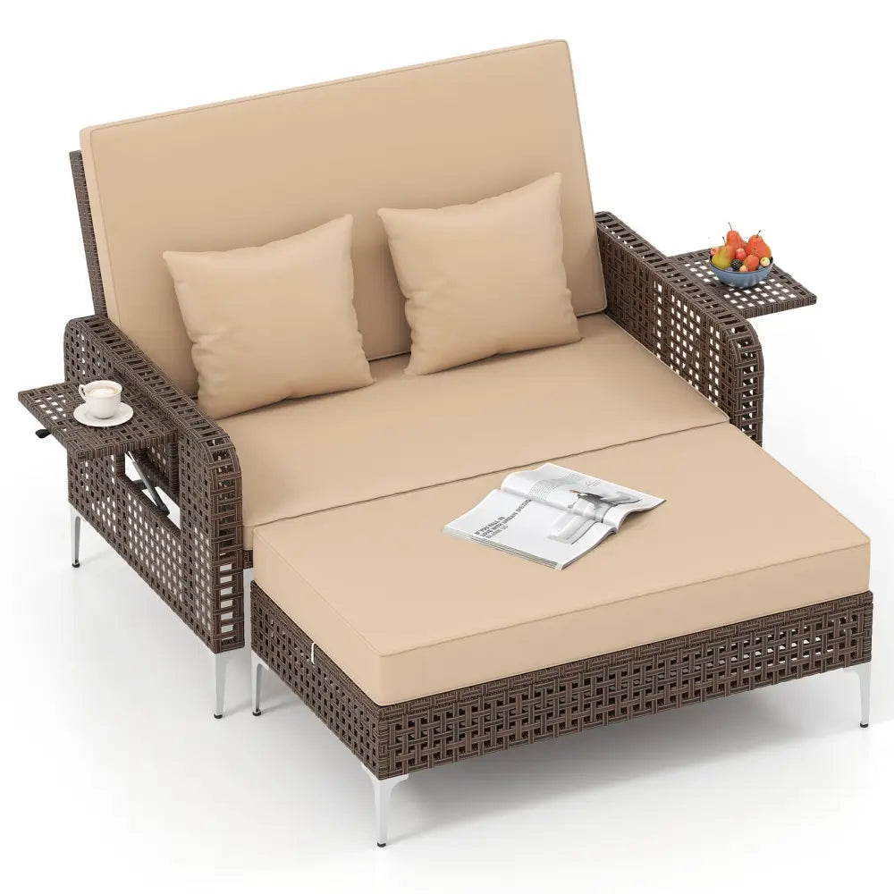 2 Piece Patio Rattan Daybed Wicker Loveseat and Ottoman with Adjustable Backrest-Brown - Brown - Outdoor Sectionals