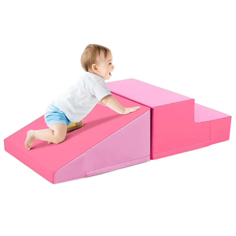 2-Piece Step and Slide Climber for Infants and Toddlers Baby Soft Play Set Foam Blocks-Pink - Pink - Climbers & Slides