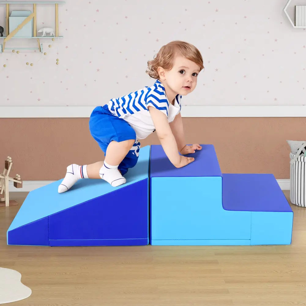 2-Piece Step and Slide Climber for Infants and Toddlers Baby Soft Play Set Foam Blocks-Blue - Navy - Climbers & Slides