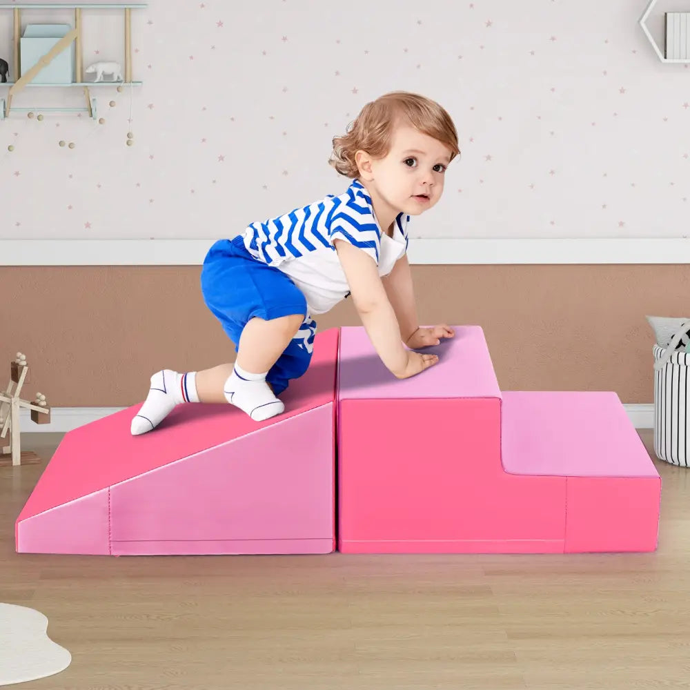 2-Piece Step and Slide Climber for Infants and Toddlers Baby Soft Play Set Foam Blocks-Pink - Pink - Climbers & Slides