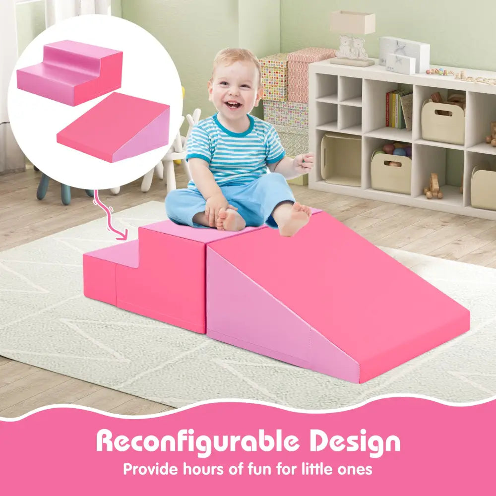 2-Piece Step and Slide Climber for Infants and Toddlers Baby Soft Play Set Foam Blocks-Pink - Pink - Climbers & Slides
