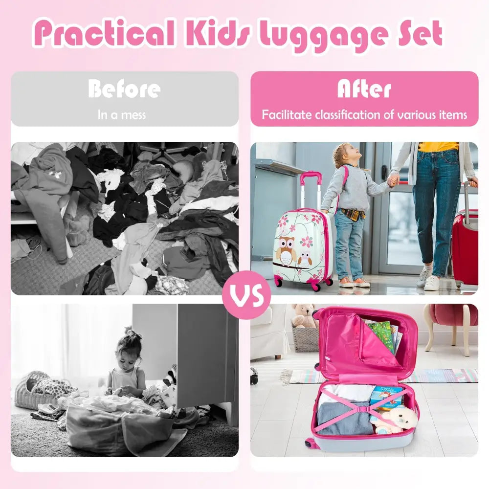 2 Pieces 12 Inch 16 Inch Green ABS Kids Suitcase Luggage Set - Pink - Kids Luggage