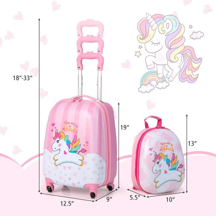2 Pieces 12 Inch 16 Inch Kids Luggage Set with Backpack and Suitcase for Travel - Lovely Unicorn - Oasis Home Essentials