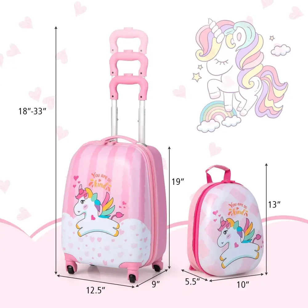 2 Pieces 12 Inch 16 Inch Kids Luggage Set with Backpack and Suitcase for Travel - Lovely Unicorn - Oasis Home Essentials