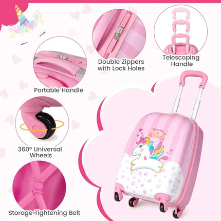 2 Pieces 12 Inch 16 Inch Kids Luggage Set with Backpack and Suitcase for Travel - Lovely Unicorn - Oasis Home Essentials