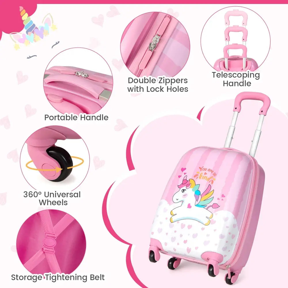 2 Pieces 12 Inch 16 Inch Kids Luggage Set with Backpack and Suitcase for Travel - Lovely Unicorn - Oasis Home Essentials