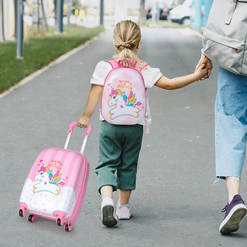 2 Pieces 12 Inch 16 Inch Kids Luggage Set with Backpack and Suitcase for Travel-Lovely Unicorn - Pink - Kids Luggage