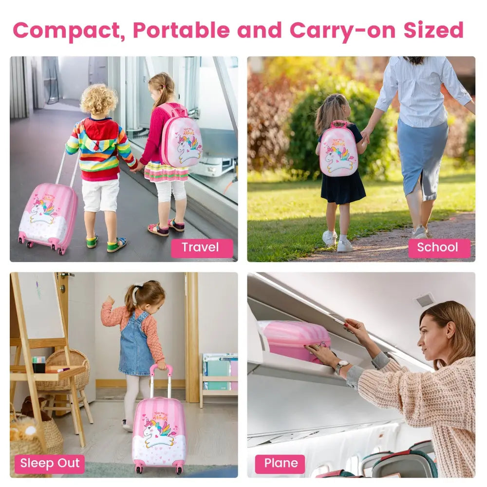 2 Pieces 12 Inch 16 Inch Kids Luggage Set with Backpack and Suitcase for Travel-Lovely Unicorn - Pink - Kids Luggage