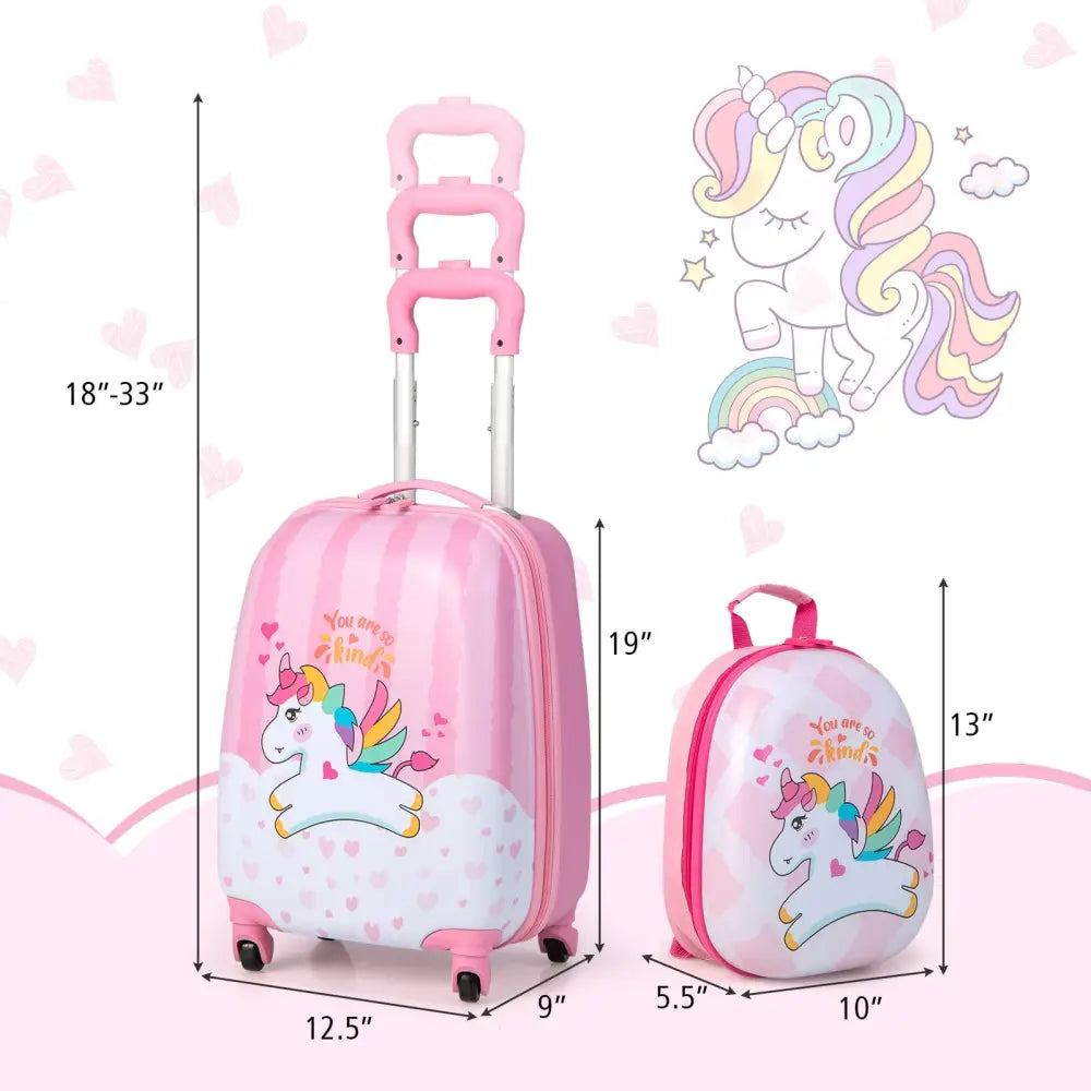 2 Pieces 12 Inch 16 Inch Kids Luggage Set with Backpack and Suitcase for Travel-Lovely Unicorn - Pink - Kids Luggage
