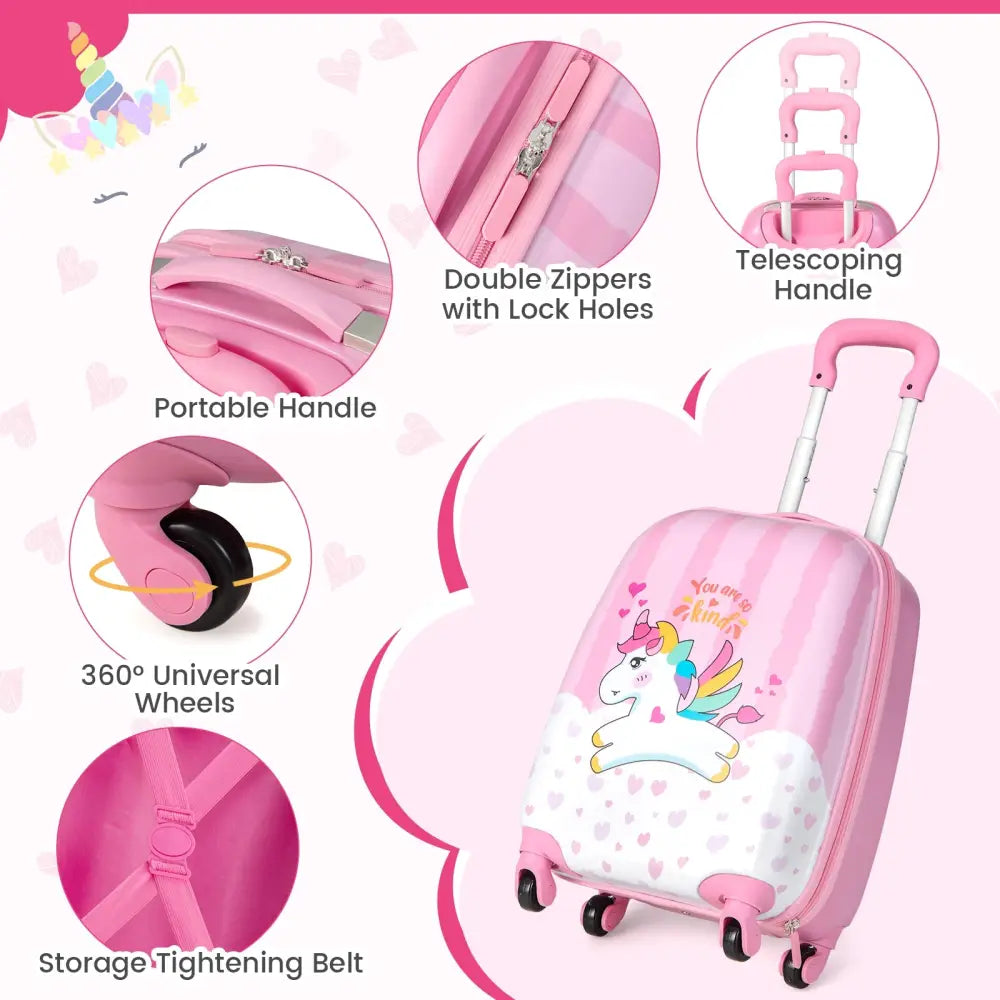 2 Pieces 12 Inch 16 Inch Kids Luggage Set with Backpack and Suitcase for Travel-Lovely Unicorn - Pink - Kids Luggage