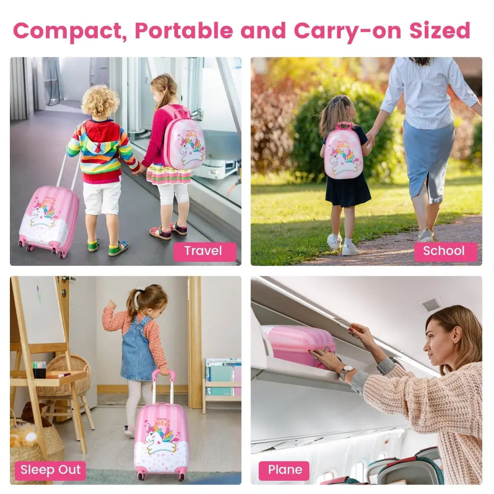 2 Pieces 12 Inch 16 Inch Kids Luggage Set with Backpack and Suitcase for Travel - Lovely Unicorn - Oasis Home Essentials