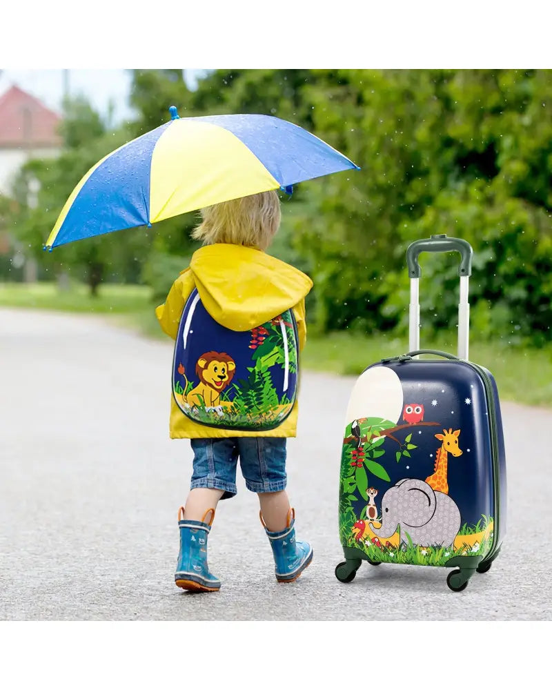 2 Pieces 12 Inch and 16 Inch Kids Carry on Suitcase Rolling Backpack School Luggage Set - Dark Blue - Kids Luggage