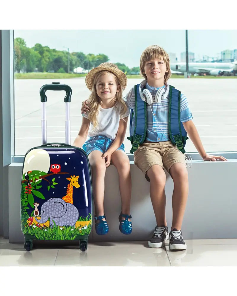 2 Pieces 12 Inch and 16 Inch Kids Carry on Suitcase Rolling Backpack School Luggage Set - Dark Blue - Kids Luggage