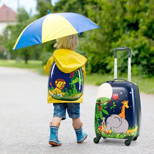 2 Pieces 12 Inch and 16 Inch Kids Carry on Suitcase Rolling Backpack School Luggage Set - Dark Blue - Kids Luggage