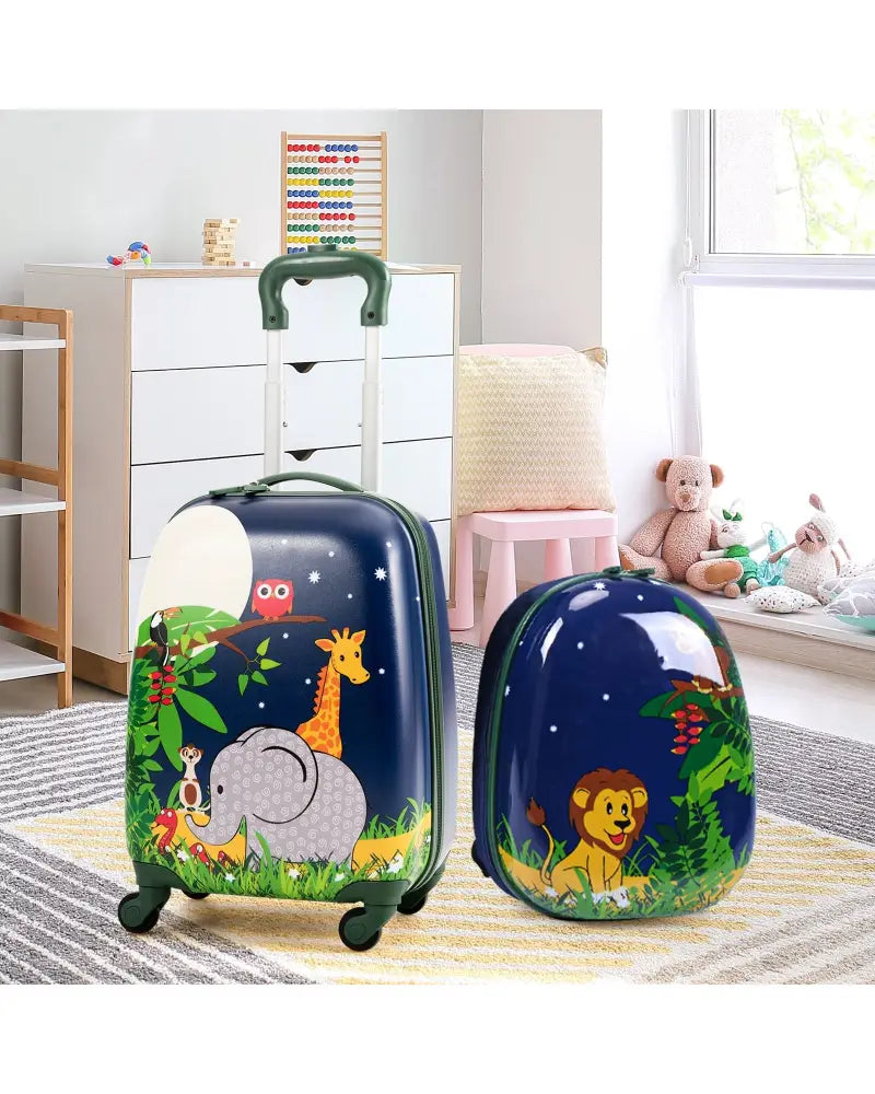 2 Pieces 12 Inch and 16 Inch Kids Carry on Suitcase Rolling Backpack School Luggage Set - Dark Blue - Kids Luggage