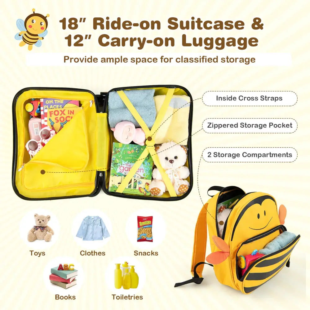 2 Pieces 18 Inch Ride-on Kids Luggage Set with Spinner Wheels and Bee Pattern-Yellow - Yellow - Kids Luggage