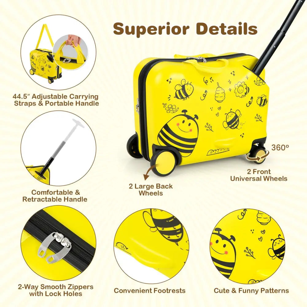 2 Pieces 18 Inch Ride-on Kids Luggage Set with Spinner Wheels and Bee Pattern-Yellow - Yellow - Kids Luggage