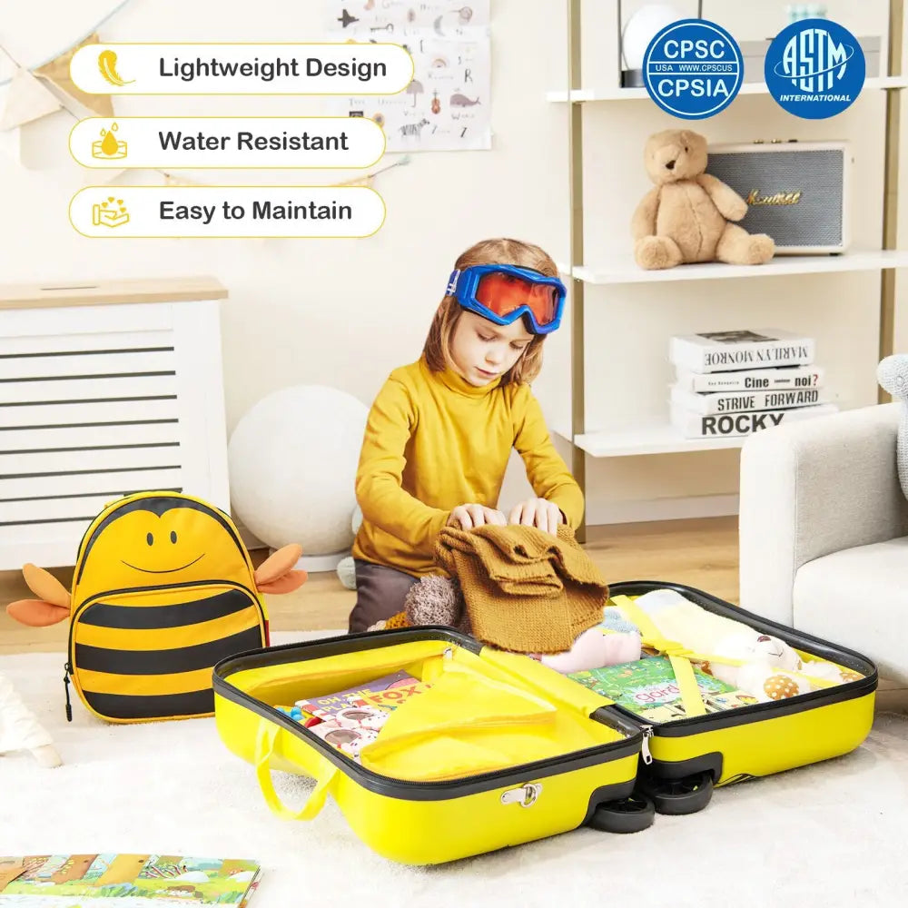 2 Pieces 18 Inch Ride-on Kids Luggage Set with Spinner Wheels and Bee Pattern-Yellow - Yellow - Kids Luggage