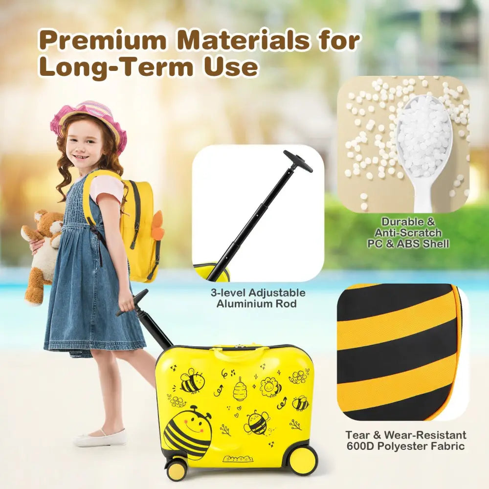 2 Pieces 18 Inch Ride-on Kids Luggage Set with Spinner Wheels and Bee Pattern-Yellow - Yellow - Kids Luggage