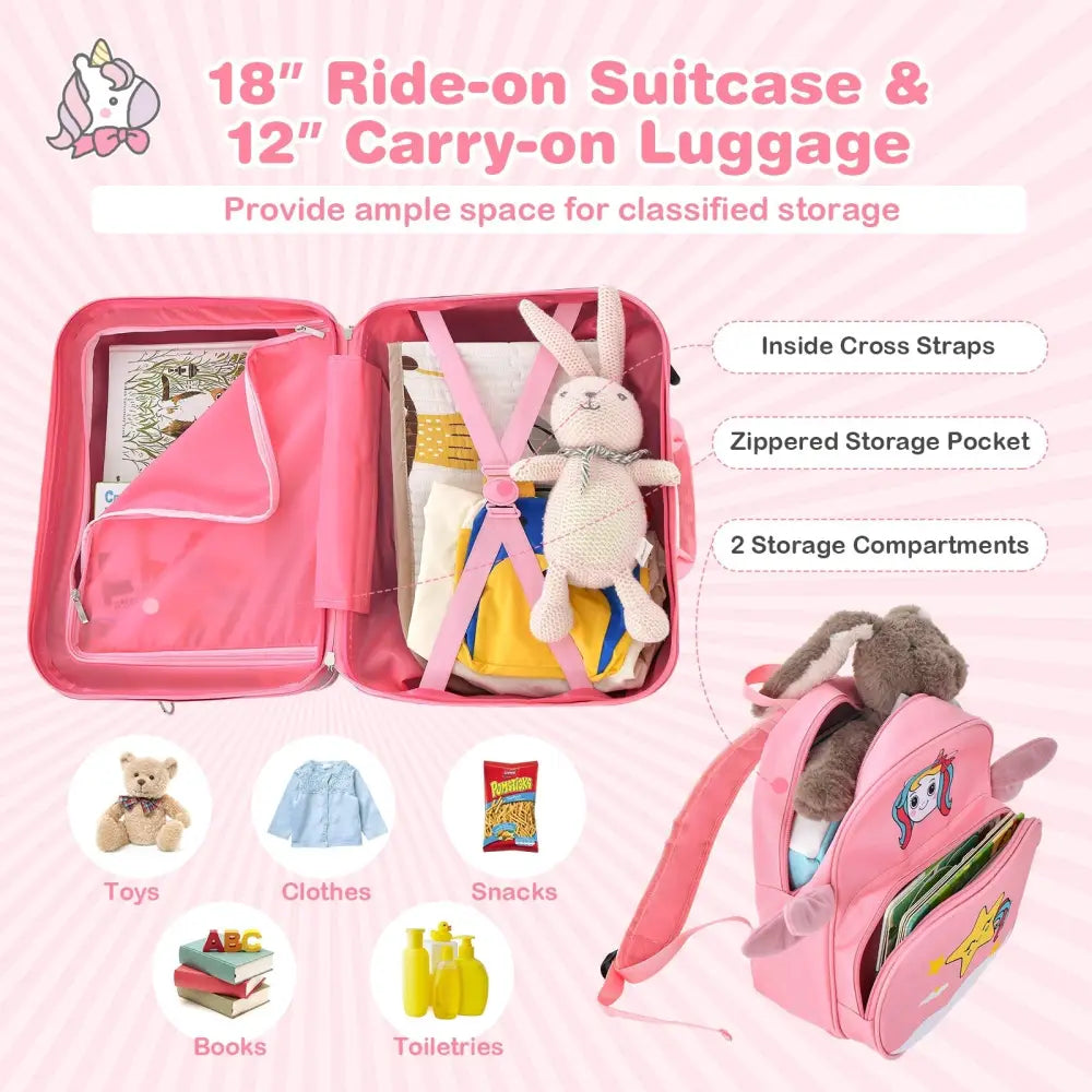 2 Pieces 18 Inch Ride-on Kids Luggage Set with Spinner Wheels-Pink - Pink - Kids Luggage