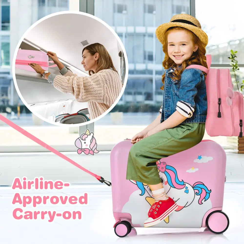 2 Pieces 18 Inch Ride-on Kids Luggage Set with Spinner Wheels-Pink - Pink - Kids Luggage