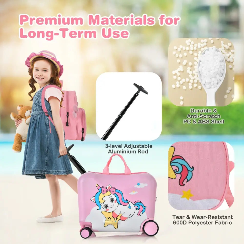 2 Pieces 18 Inch Ride-on Kids Luggage Set with Spinner Wheels-Pink - Pink - Kids Luggage