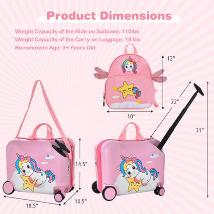 2 Pieces 18 Inch Ride-on Kids Luggage Set with Spinner Wheels-Pink - Pink - Kids Luggage