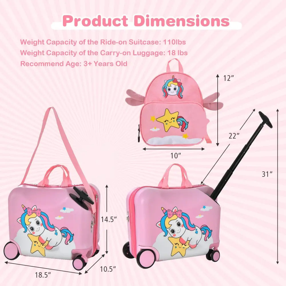 2 Pieces 18 Inch Ride-on Kids Luggage Set with Spinner Wheels-Pink - Pink - Kids Luggage