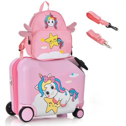 2 Pieces 18 Inch Ride-on Kids Luggage Set with Spinner Wheels-Pink - Pink - Kids Luggage