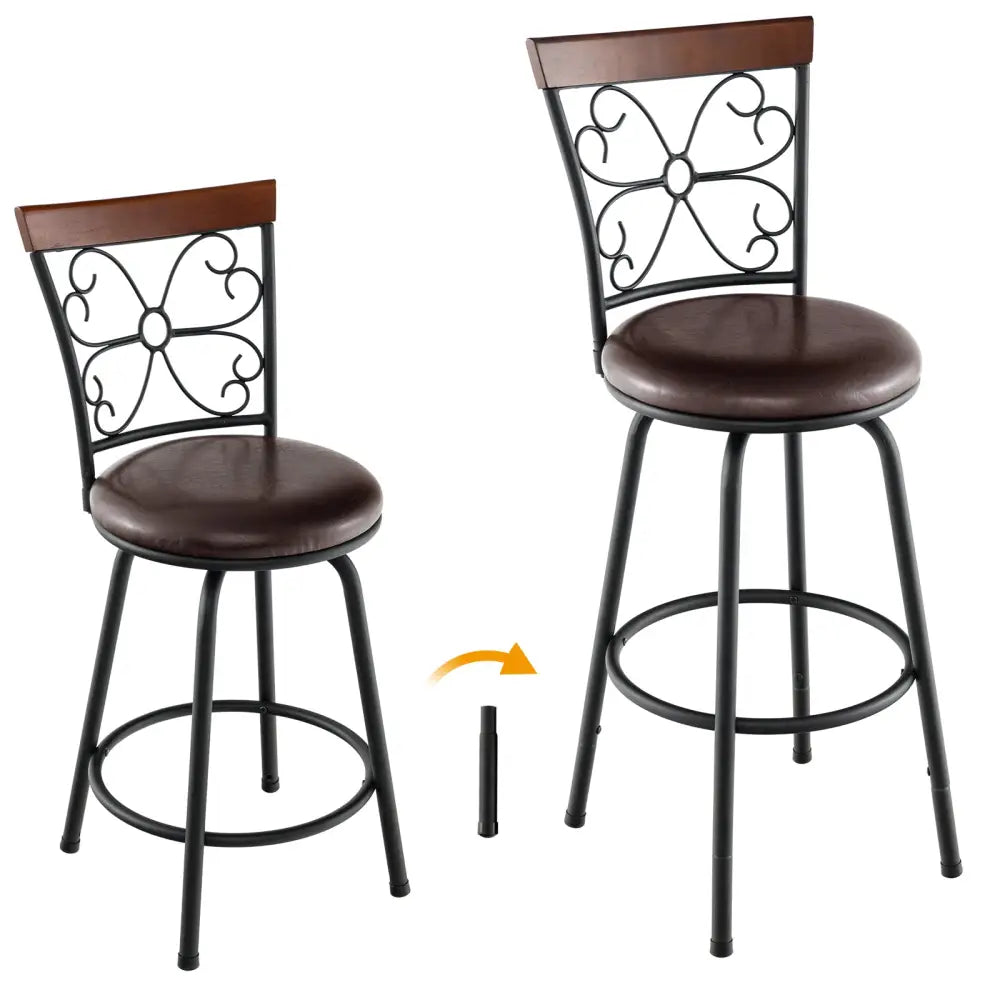 2 Pieces 24-30 Inch Adjustable PU Cushioned Swivel Barstools-Brown Costway