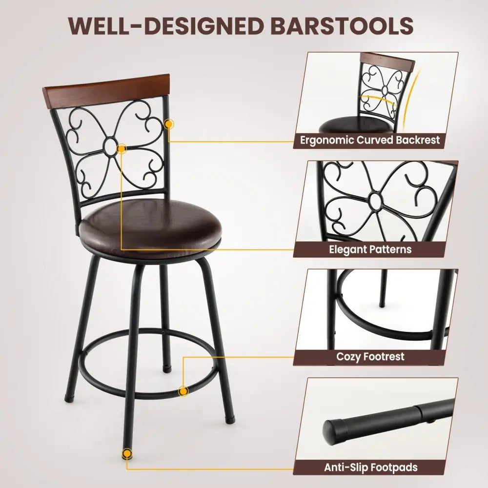 2 Pieces 24-30 Inch Adjustable PU Cushioned Swivel Barstools-Brown Costway