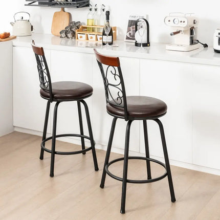2 Pieces 24-30 Inch Adjustable PU Cushioned Swivel Barstools-Brown Costway