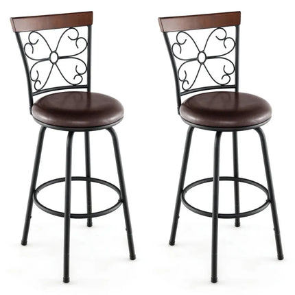 2 Pieces 24-30 Inch Adjustable PU Cushioned Swivel Barstools-Brown Costway