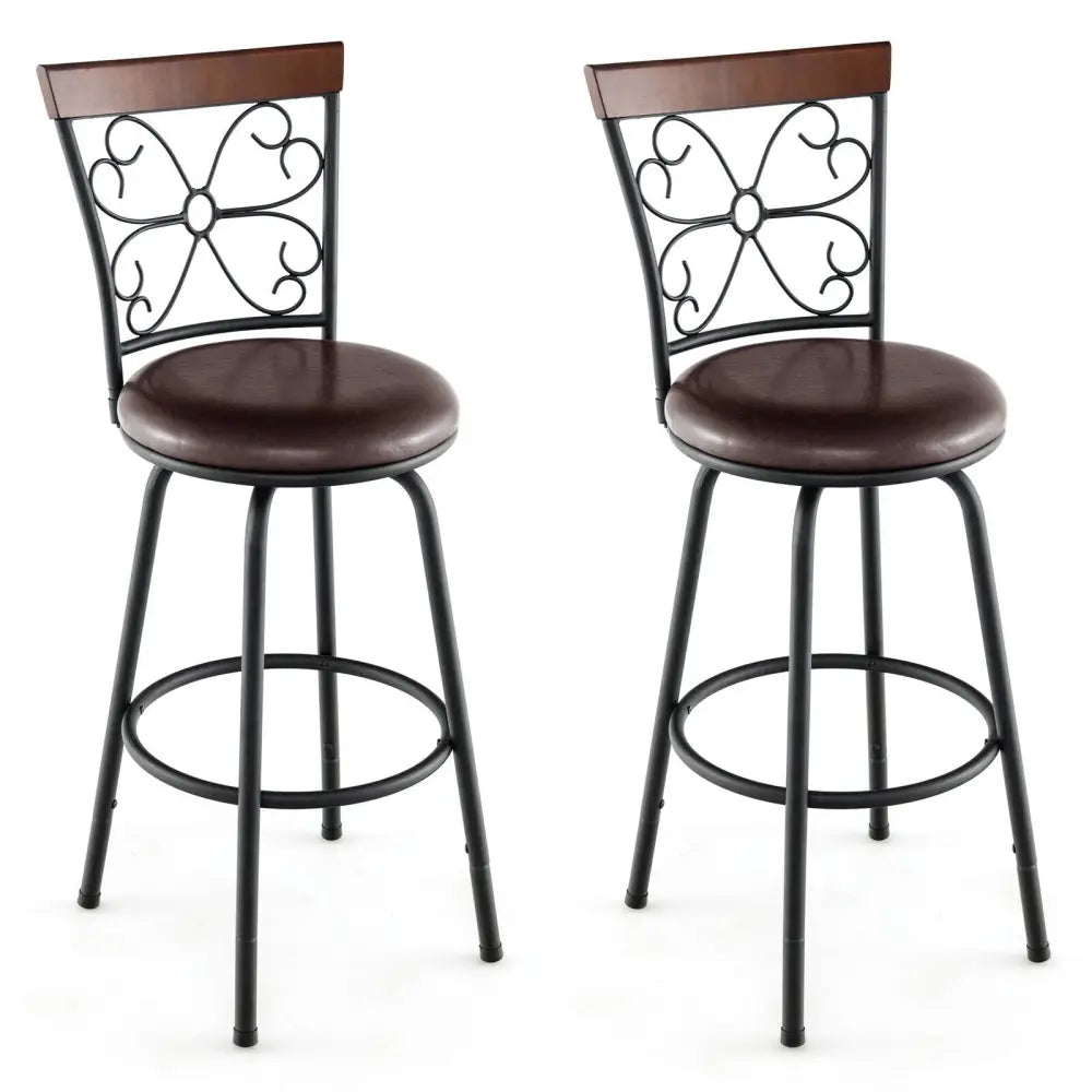 2 Pieces 24-30 Inch Adjustable PU Cushioned Swivel Barstools-Brown Costway