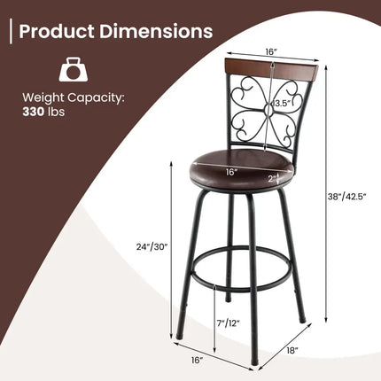 2 Pieces 24-30 Inch Adjustable PU Cushioned Swivel Barstools-Brown Costway
