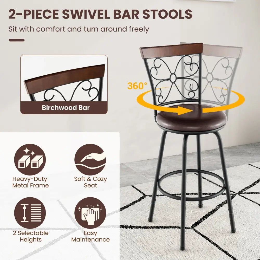 2 Pieces 24-30 Inch Adjustable PU Cushioned Swivel Barstools-Brown Costway