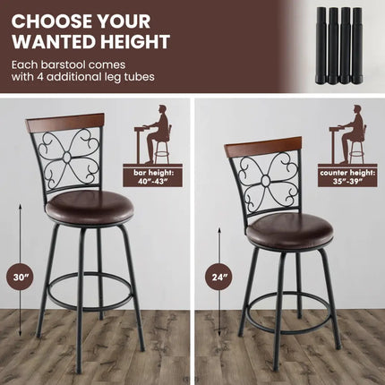 2 Pieces 24-30 Inch Adjustable PU Cushioned Swivel Barstools-Brown Costway