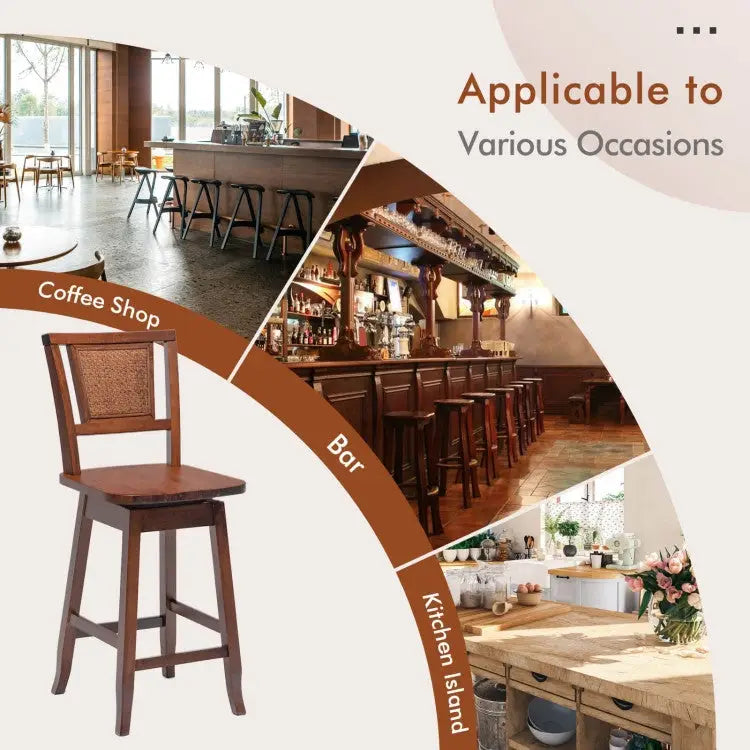 2 Pieces 24.5 Inch Bar Stools with Rattan Back and Swivel Seat Costway